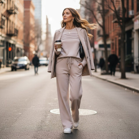 Women’s Crew Neck Lounge Set - Soft Cotton Top & Drawstring Pants