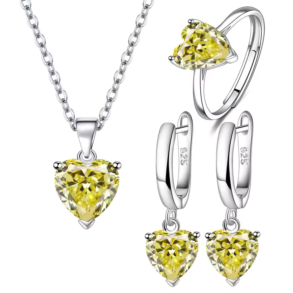 925 Silver Heart Zircon Jewelry Set – Women’s Ring, Earrings & Necklace for Wedding or Engagement