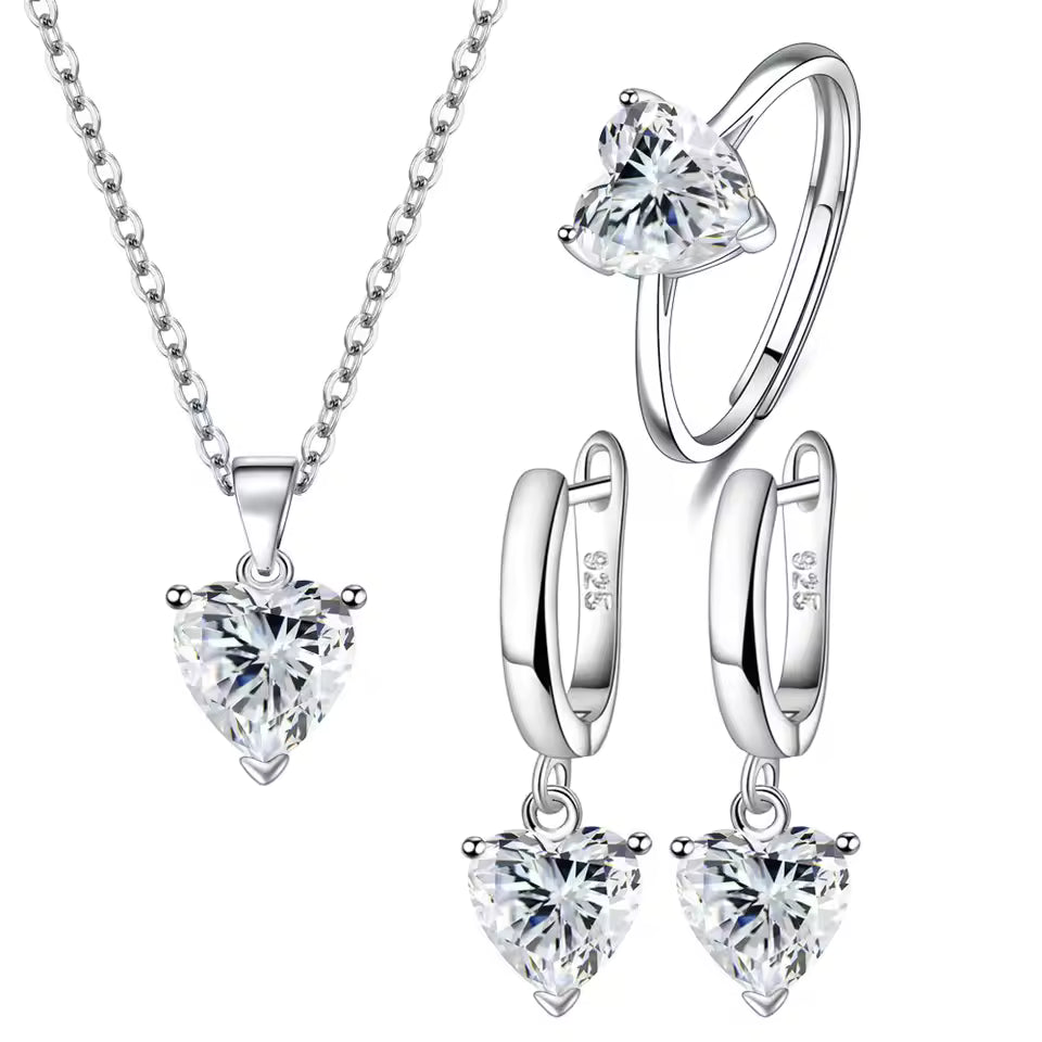 925 Silver Heart Zircon Jewelry Set – Women’s Ring, Earrings & Necklace for Wedding or Engagement