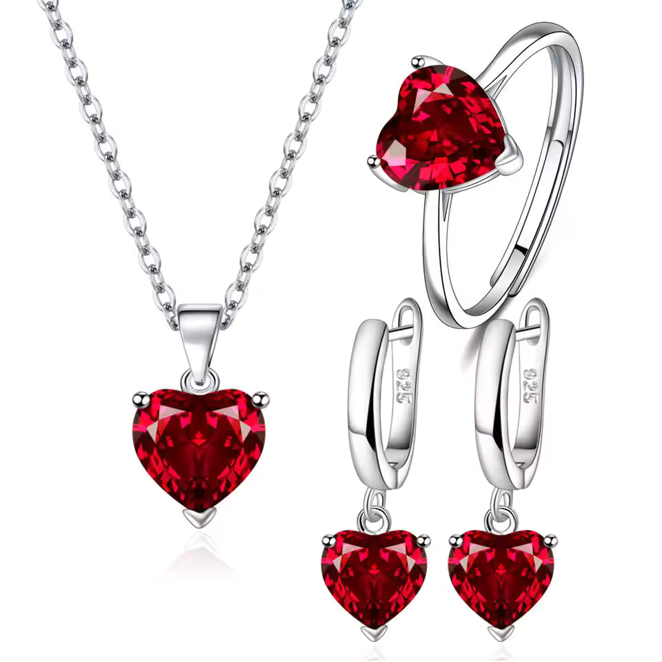 925 Silver Heart Zircon Jewelry Set – Women’s Ring, Earrings & Necklace for Wedding or Engagement