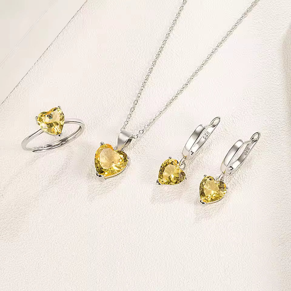 925 Silver Heart Zircon Jewelry Set – Women’s Ring, Earrings & Necklace for Wedding or Engagement