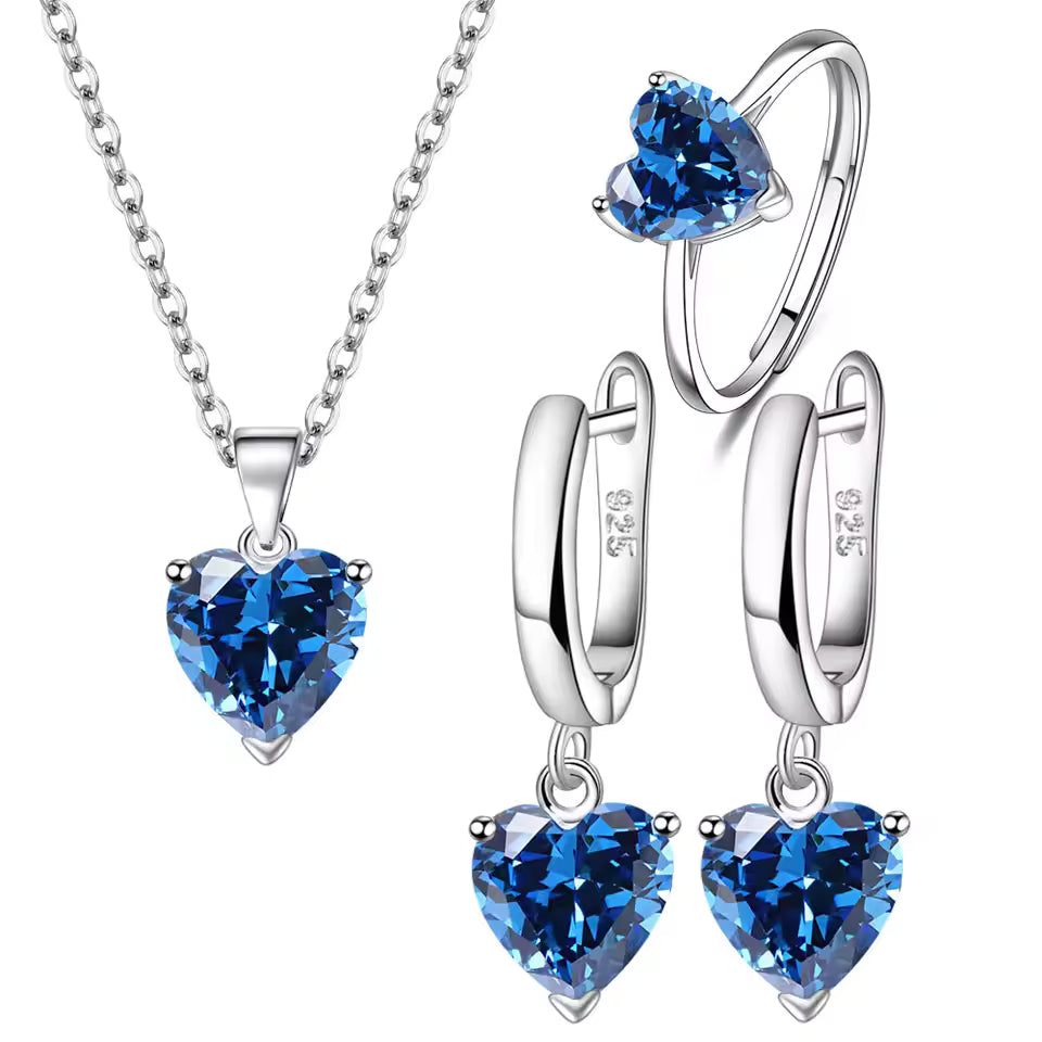 925 Silver Heart Zircon Jewelry Set – Women’s Ring, Earrings & Necklace for Wedding or Engagement