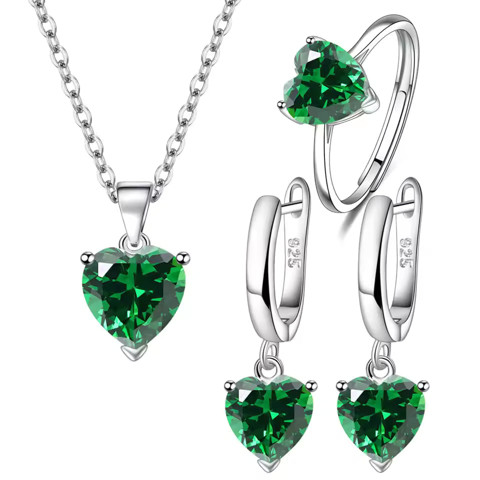 925 Silver Heart Zircon Jewelry Set – Women’s Ring, Earrings & Necklace for Wedding or Engagement