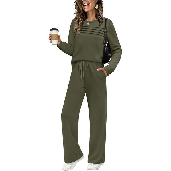 Women’s Crew Neck Lounge Set - Soft Cotton Top & Drawstring Pants